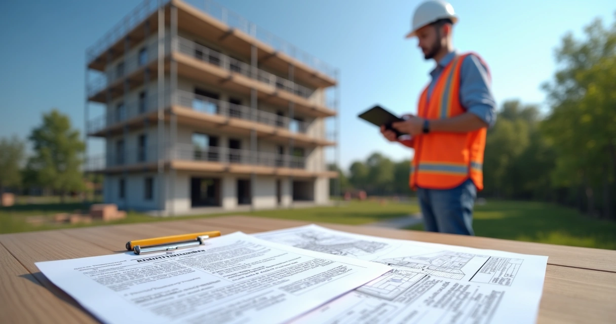 Profissional realizando vistoria técnica em construção com documentos oficiais para habite-se na mesa