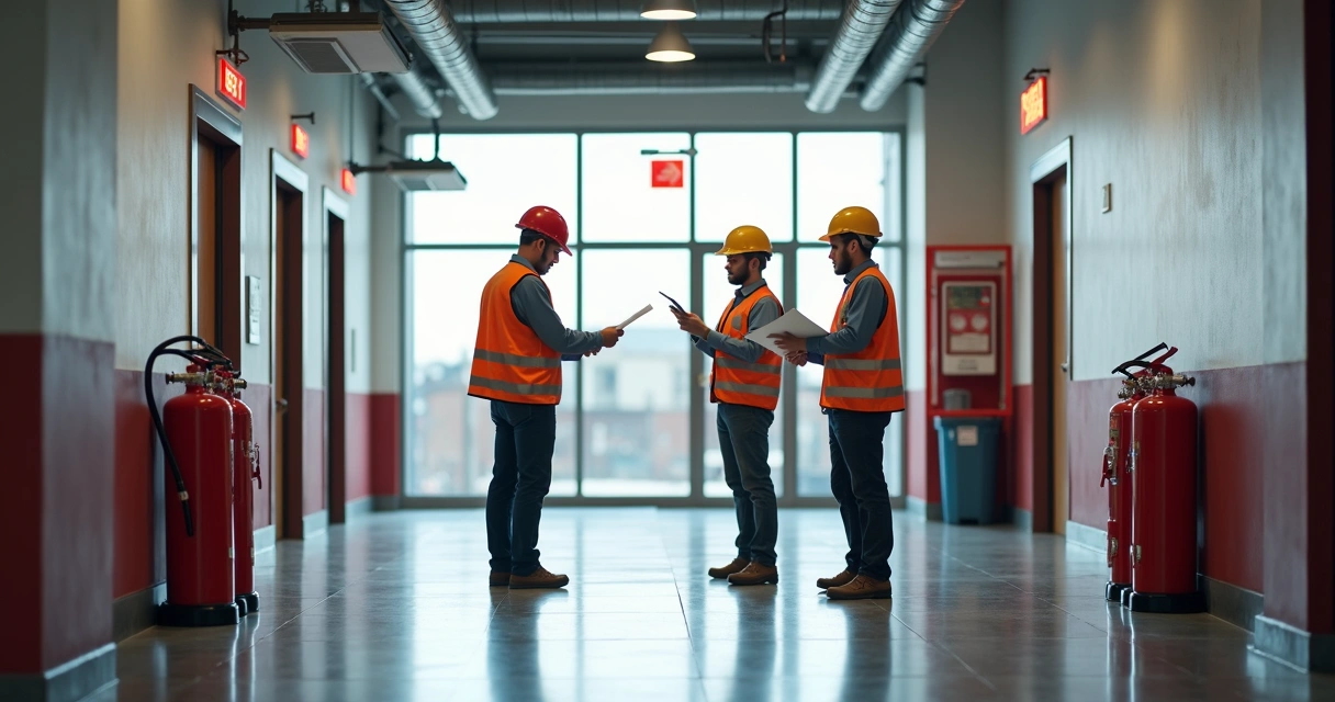 Equipe técnica realizando vistoria de segurança contra incêndio em prédio comercial moderno