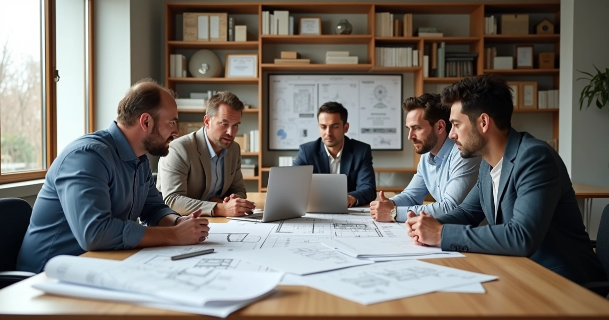 ngo-illustration-Artboard 5 Escritório de arquitetura com projetos espalhados e equipe analisando documentos para aprovação