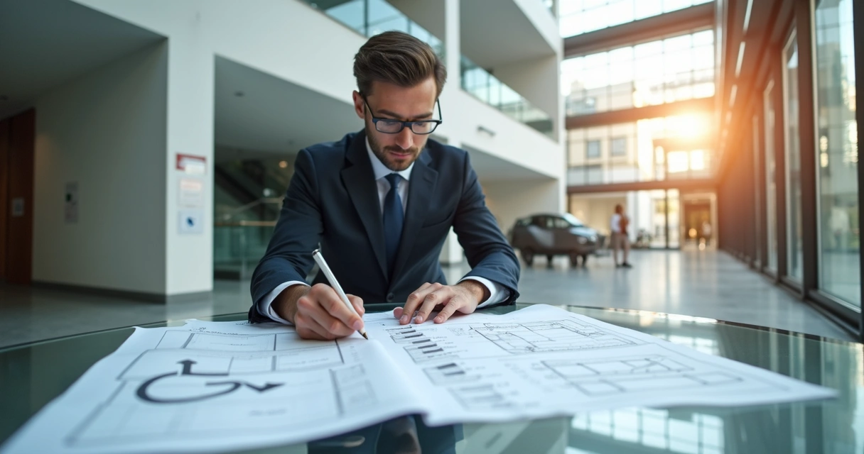 Profissional realizando auditoria de acessibilidade em prédio comercial com plantas e documentos técnicos sobre mesa