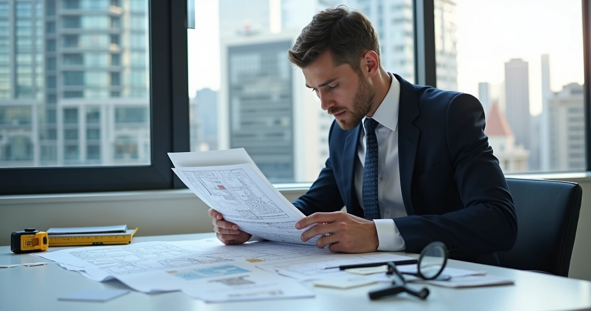 Profissional analisa documentos de acessibilidade em edifício moderno 