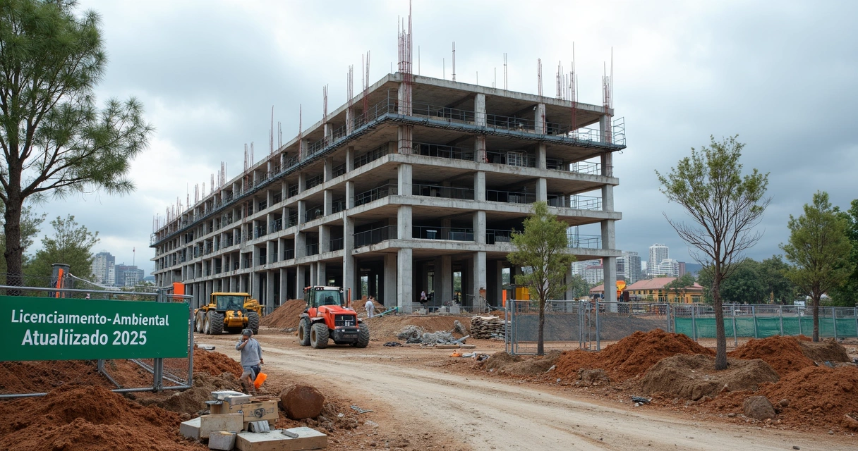 Obra civil com placa indicando licenciamento ambiental atualizado