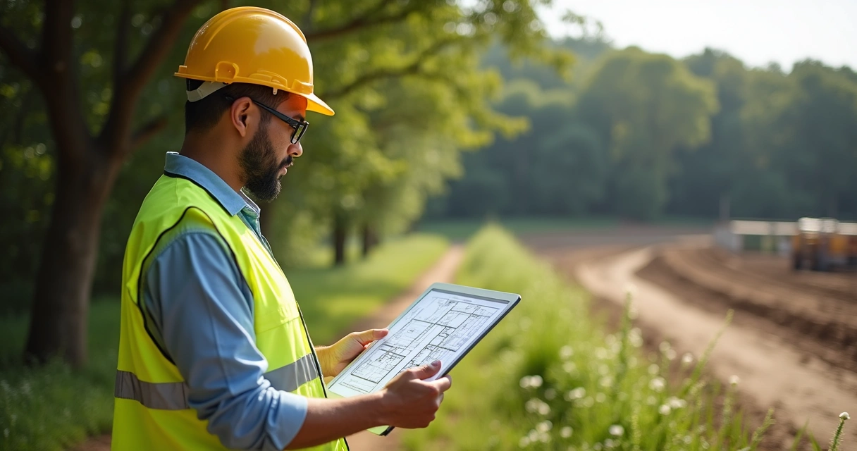 Engenheiro analisa projeto de impacto ambiental em um tablet ao ar livre