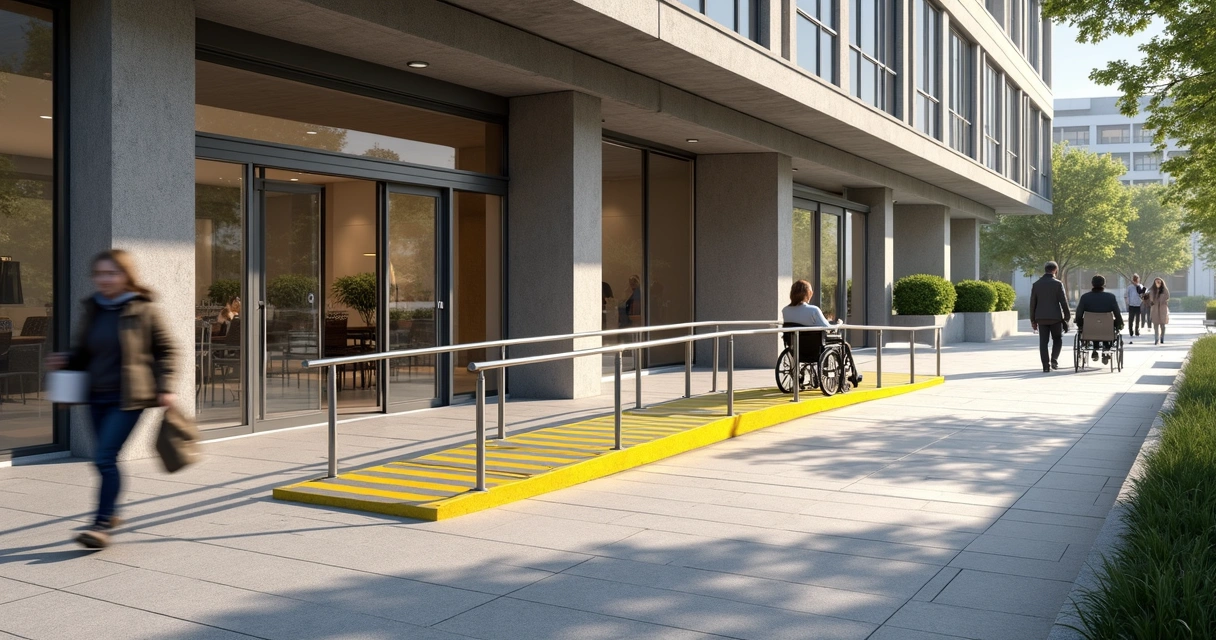 Rampa de acessibilidade em prédio comercial com piso tátil e sinalização 