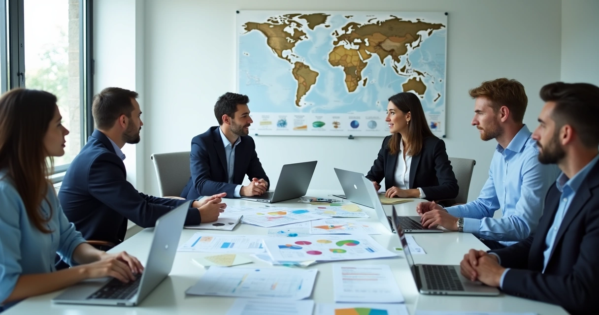 Equipe ambiental analisa documentos e mapas em sala de reuniões espaçosa