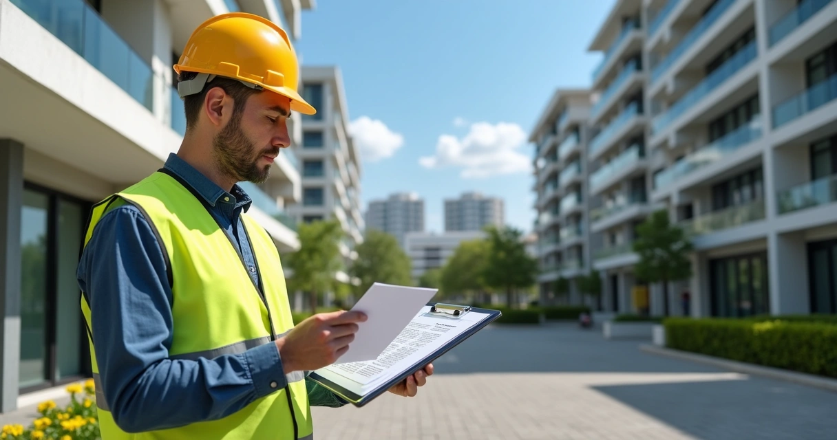 ngo-illustration-Artboard 5 Engenheiro inspecionando documentação e vistoria em condomínio residencial moderno