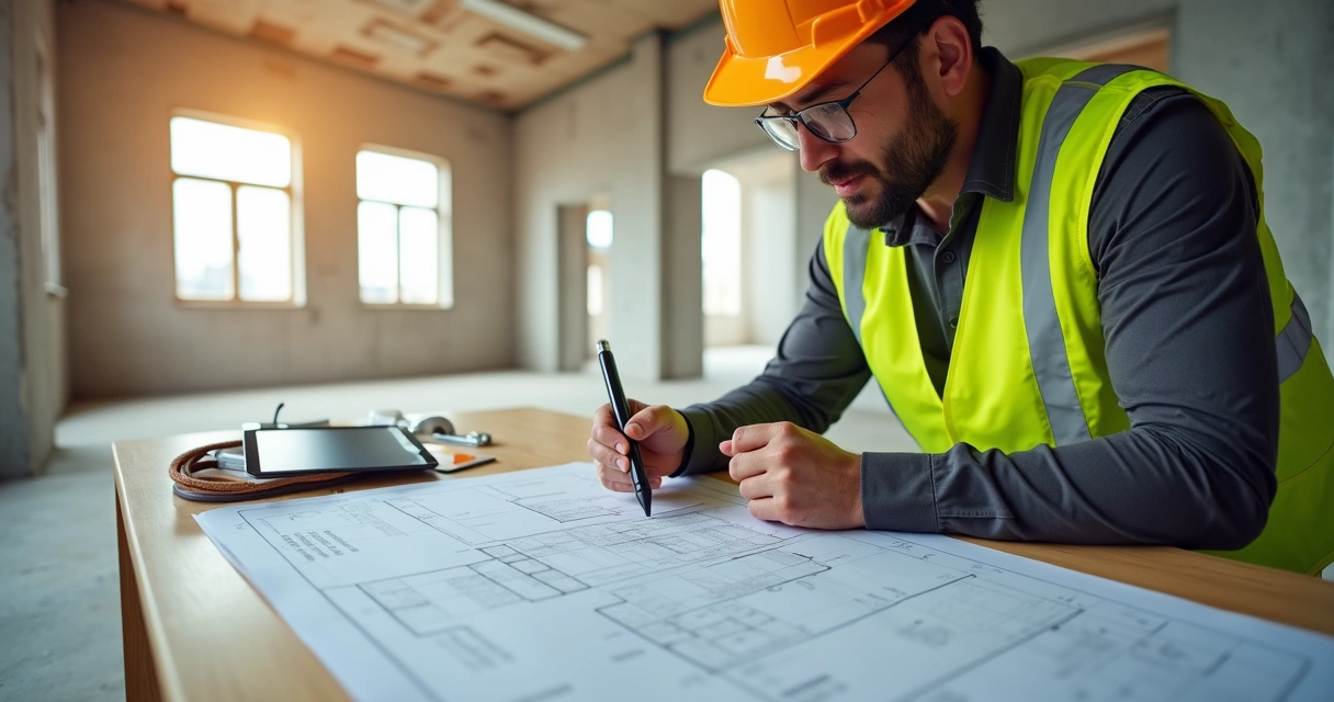 ngo-illustration-Artboard 5 Engenheiro fazendo vistoria técnica em obra para obtenção do habite-se, com plantas e documentos sobre mesa