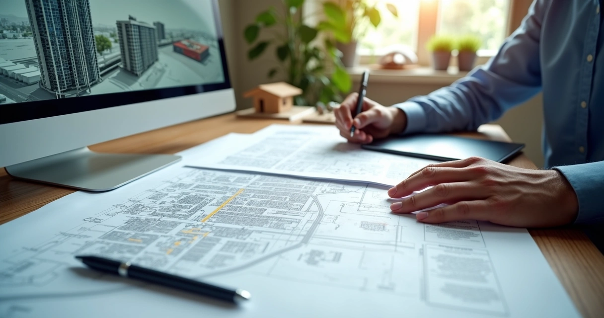Profissional analisando plantas e documentos técnicos de imóveis em escritório moderno com computador e maquetes arquitetônicas