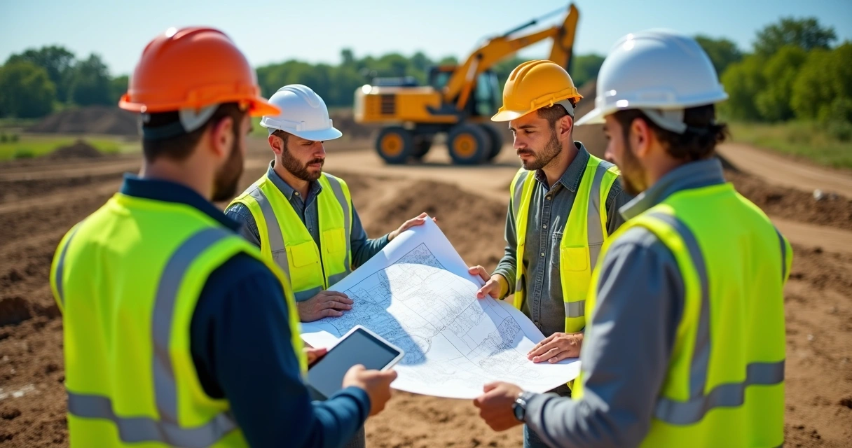 Equipe analisando projeto de construção em terreno com pranchetas e tablets, ao fundo máquinas e vegetação 