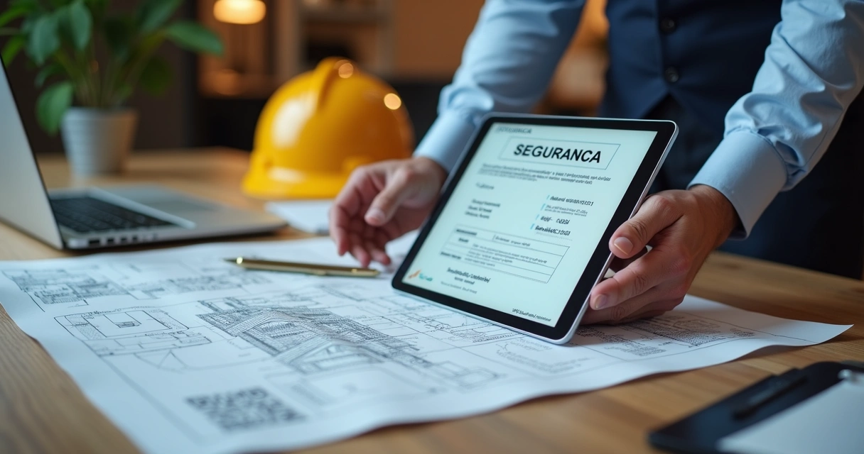 Pessoa consultando certificado de segurança em tablet com planta arquitetônica ao fundo
