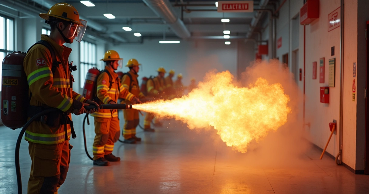 Equipe de brigadistas atuando em treinamento prático de combate a incêndio com extintores e simulação de evacuação