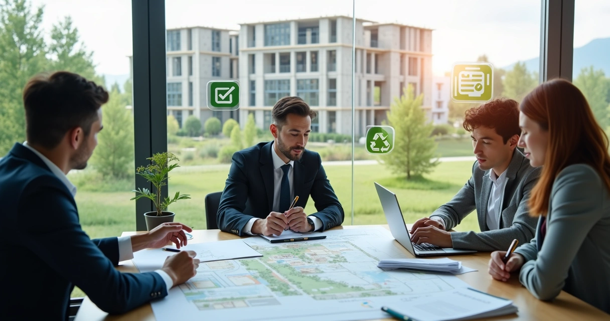 ngo-illustration-Artboard 5 Equipe analisando projeto de empreendimento com ícones de meio ambiente e licenciamento sobrepostos