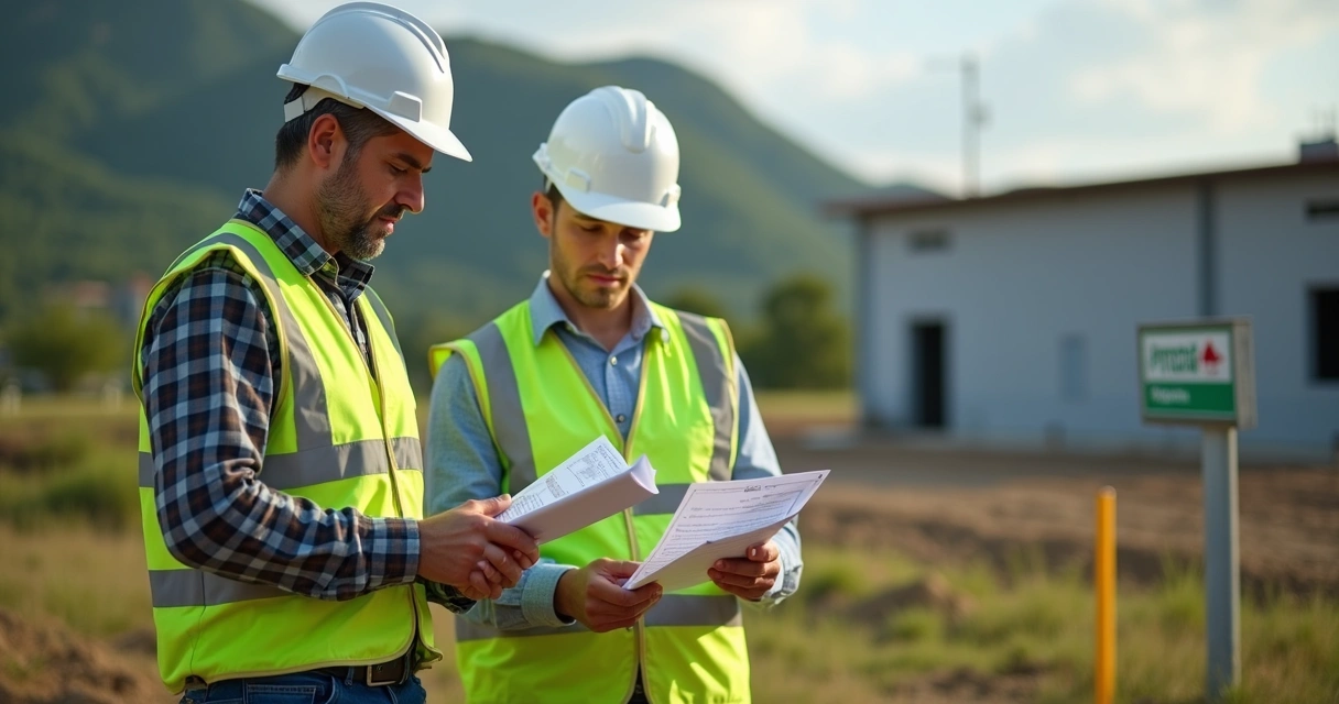 Fiscalização de vistoria ambiental em área construída, com técnicos analisando