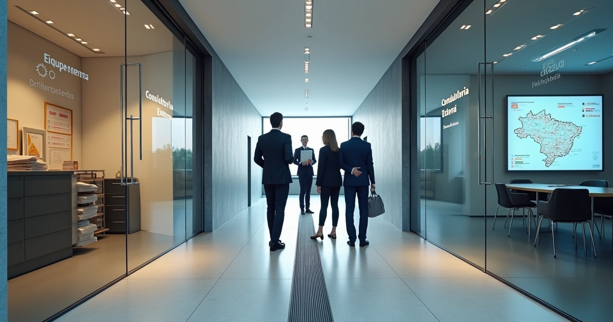 ngo-illustration-Artboard 5 Gestores diante de duas portas simbolizando equipe interna e consultoria externa