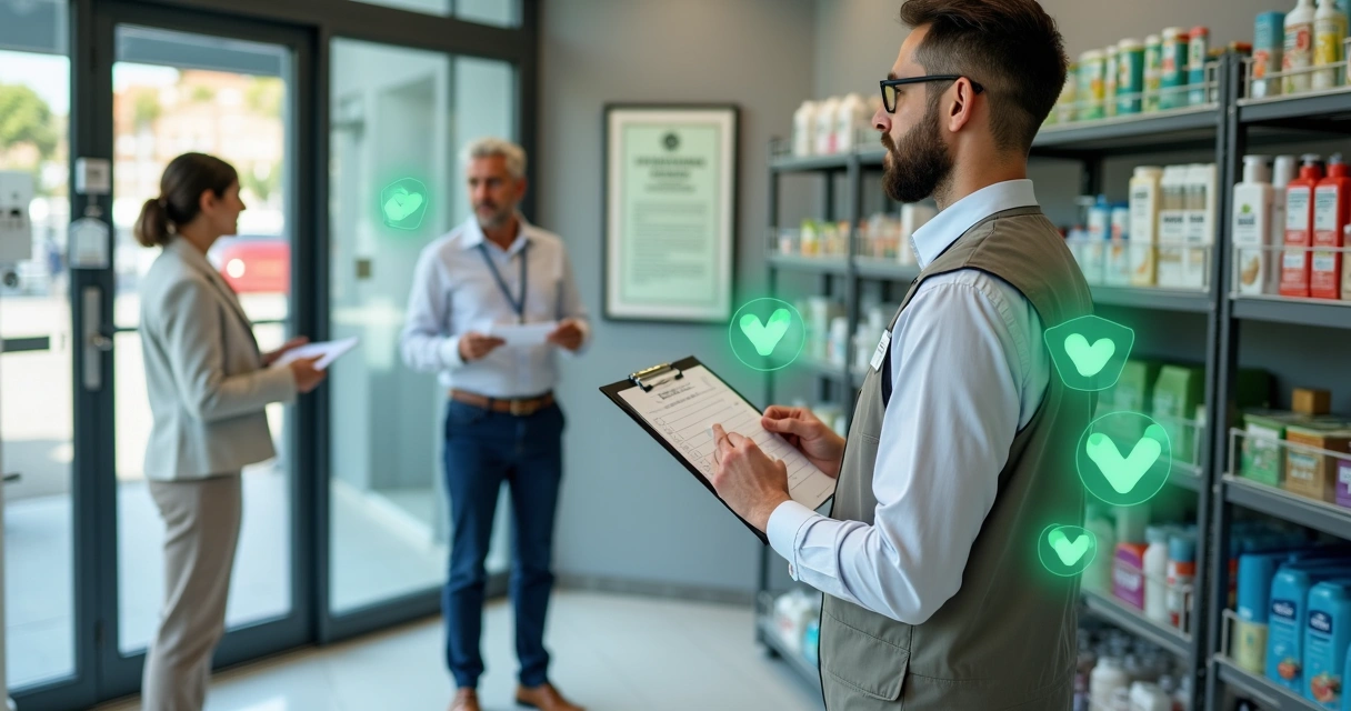 Fiscal de vigilância sanitária inspecionando loja comercial limpa e organizada