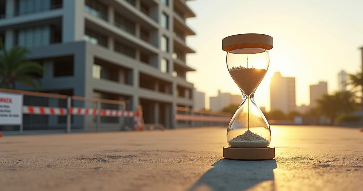 Relógio de areia em frente a prédio comercial em obras irregulares