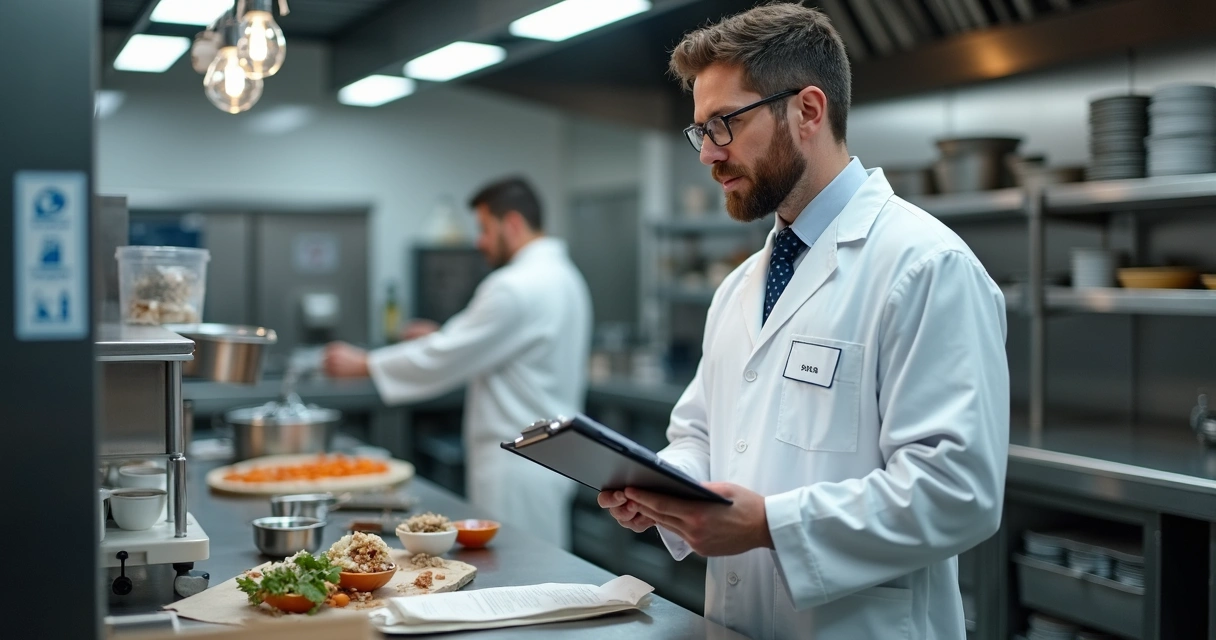 Técnico da Vigilância Sanitária vistoriando imóvel comercial com prancheta e equipamentos