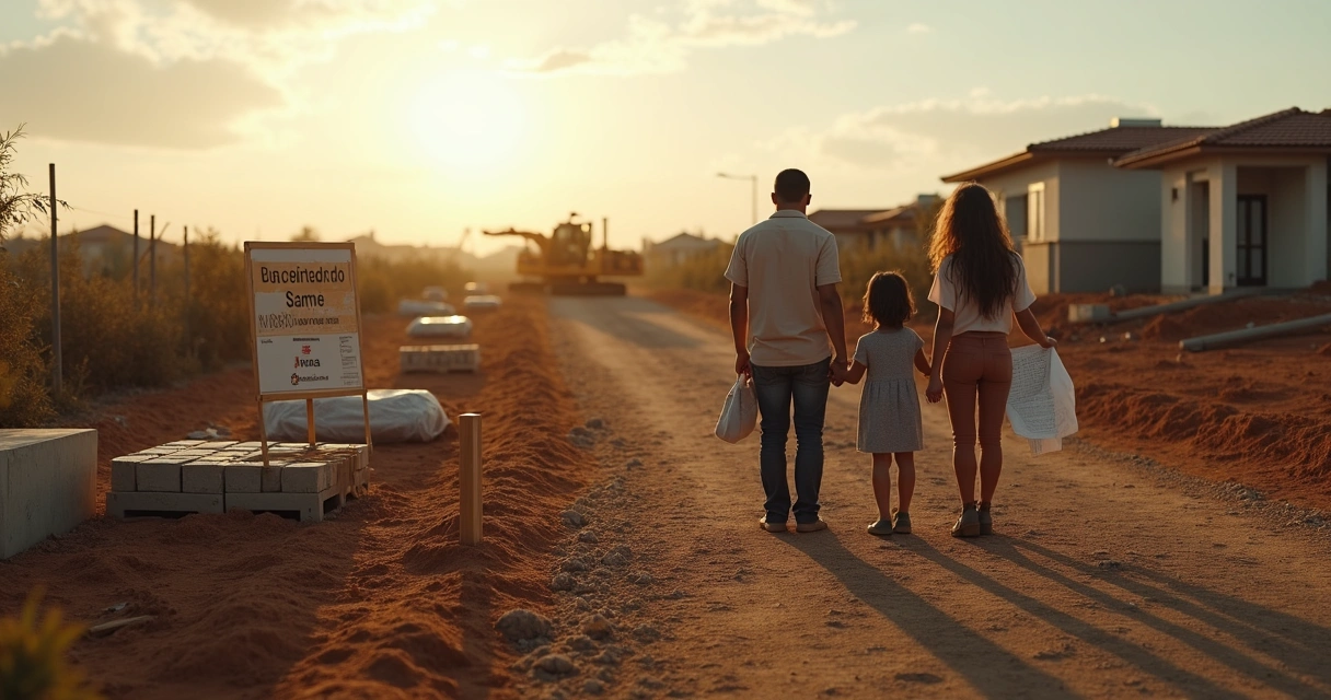 Família observando terreno de loteamento com obras paradas e atrasadas
