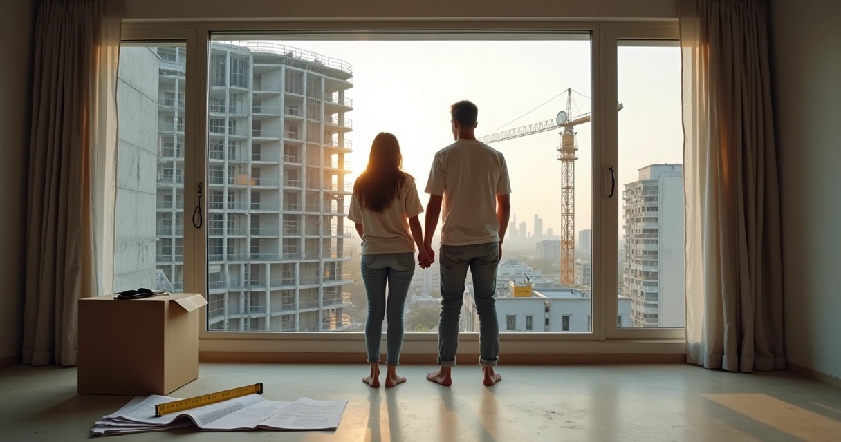 Casal consumer em sala vazia olhando pela janela para prédio em construção atrasado