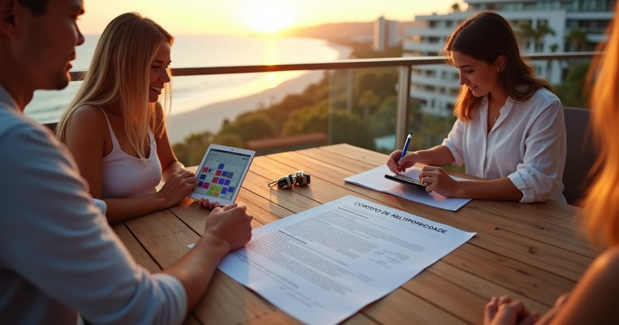 Família analisa contrato de multipropriedade em varanda com vista para o mar