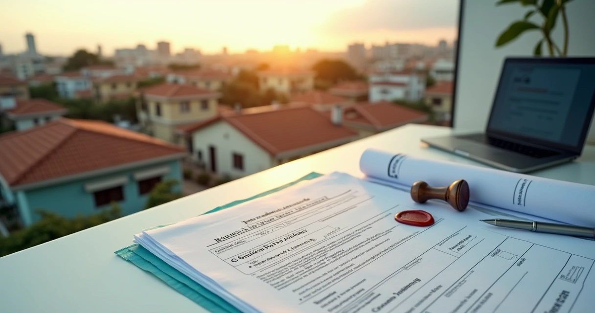 Vista aérea de bairro com imóveis destacados ao lado de pilha de documentos imobiliários